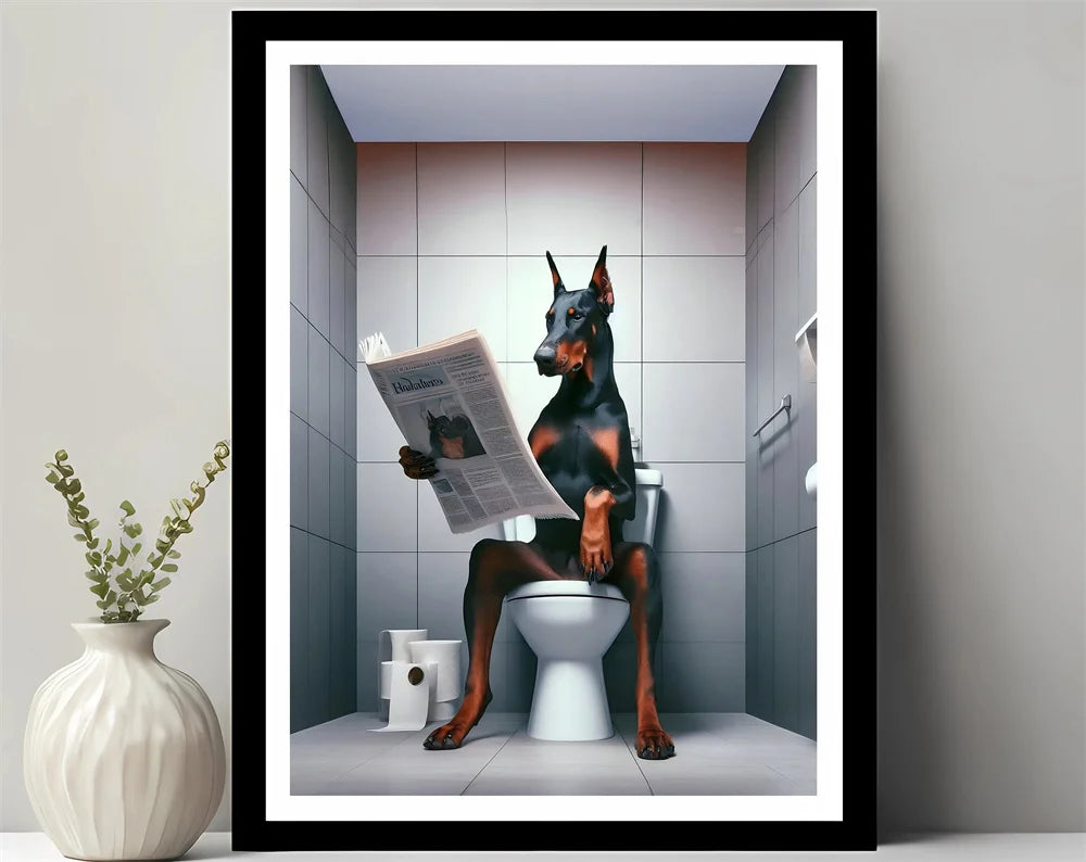 Animals Reading Newspaper on Toilet Canvas Print