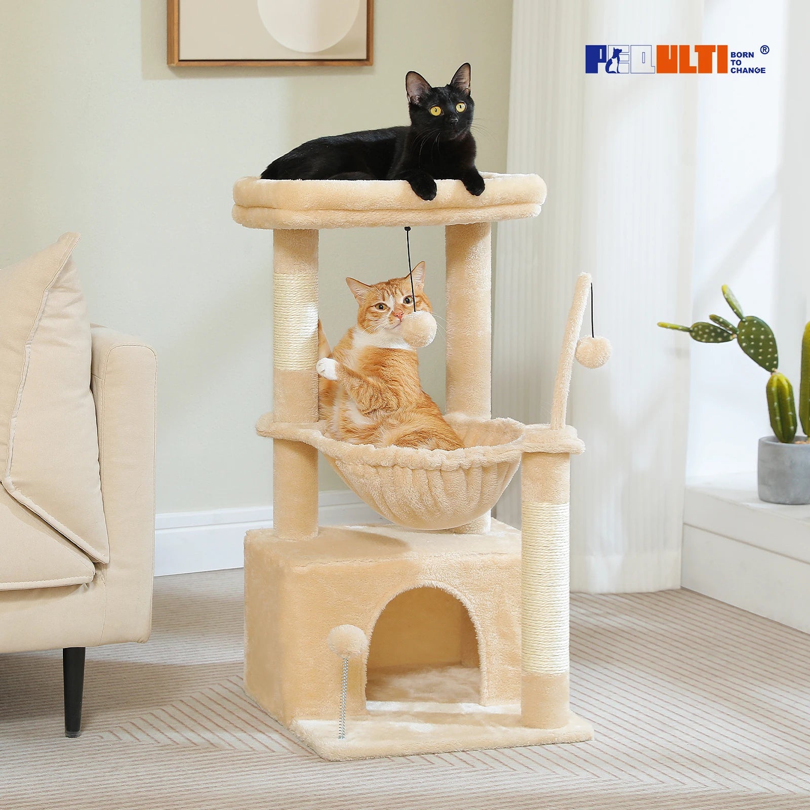 Spacious Cat Tower; Natural Sisal Scratching Posts