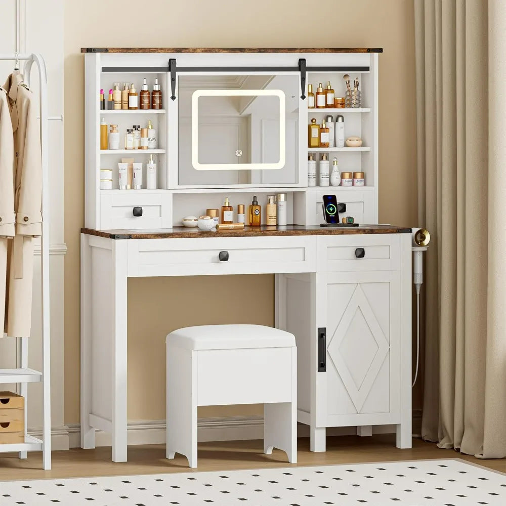 Desk/Makeup Vanity, Sliding Mirror, Glass Top, Power Outlet