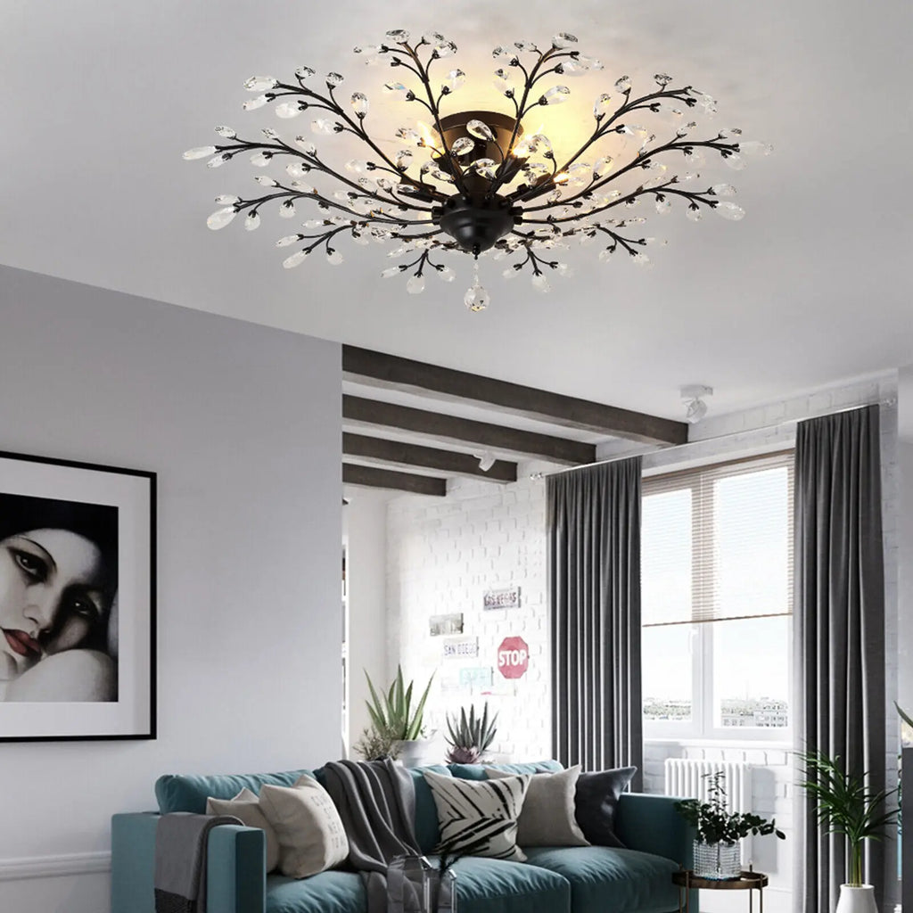 Vintage Black Branch Crystal Chandelier, 5-Light