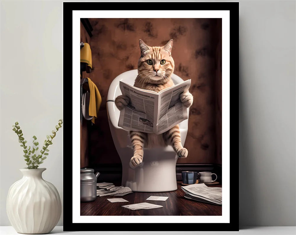 Animals Reading Newspaper on Toilet Canvas Print