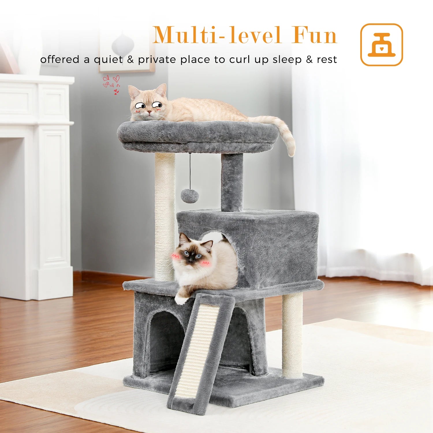 Spacious Cat Tower; Natural Sisal Scratching Posts