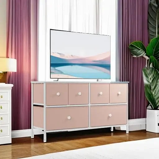 Pink 6-Drawer Dresser; Sturdy Metal Frame