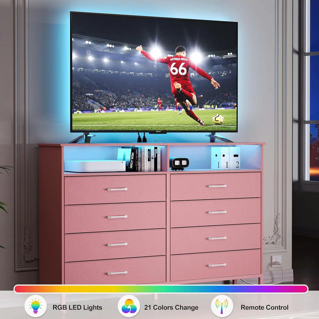 Pink Dresser, 8 Fabric Drawers, LED Lights, Charging Station,