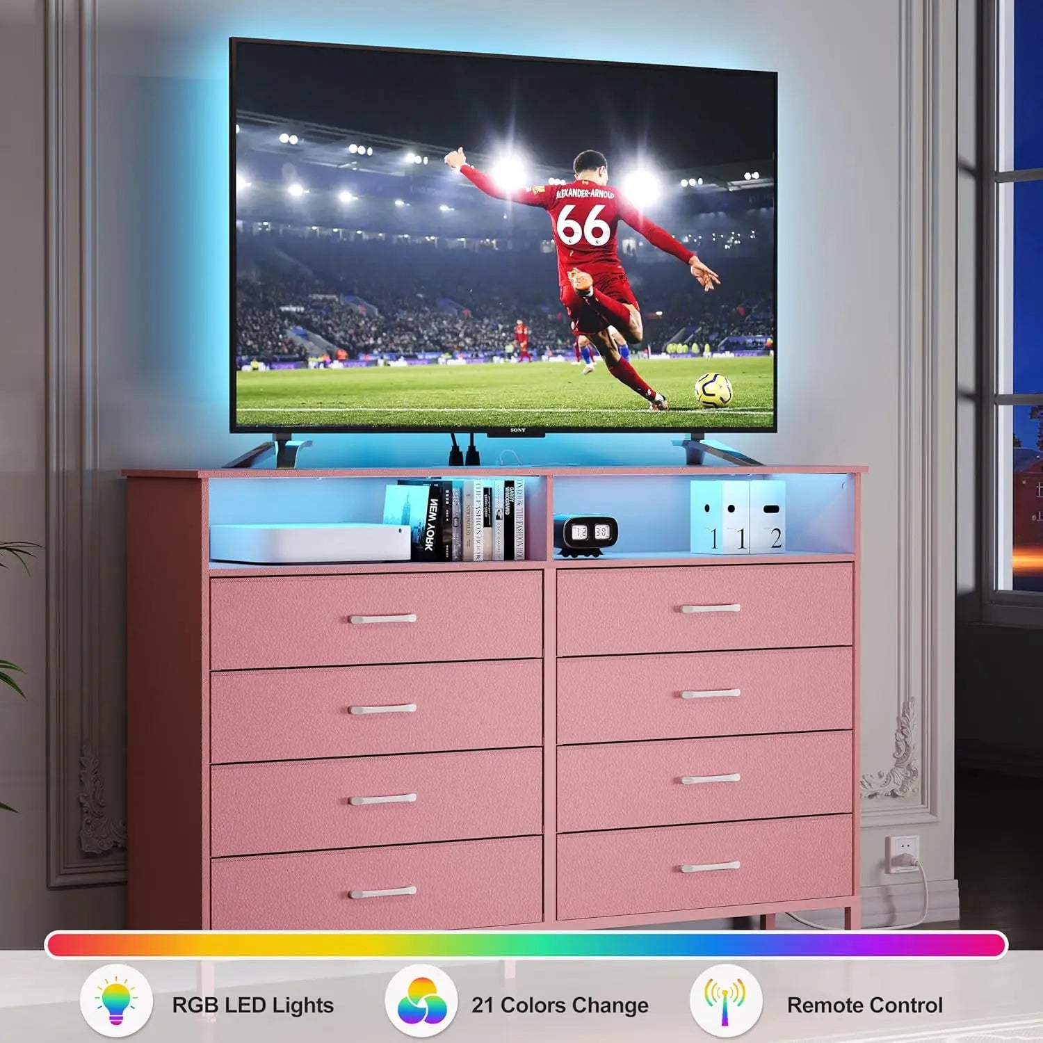 Pink Dresser, 8 Fabric Drawers, LED Lights, Charging Station,