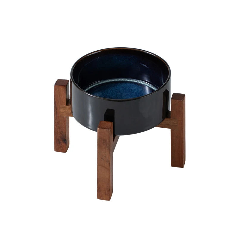 Large Ceramic Double Elevated Bowls, Wooden Stand