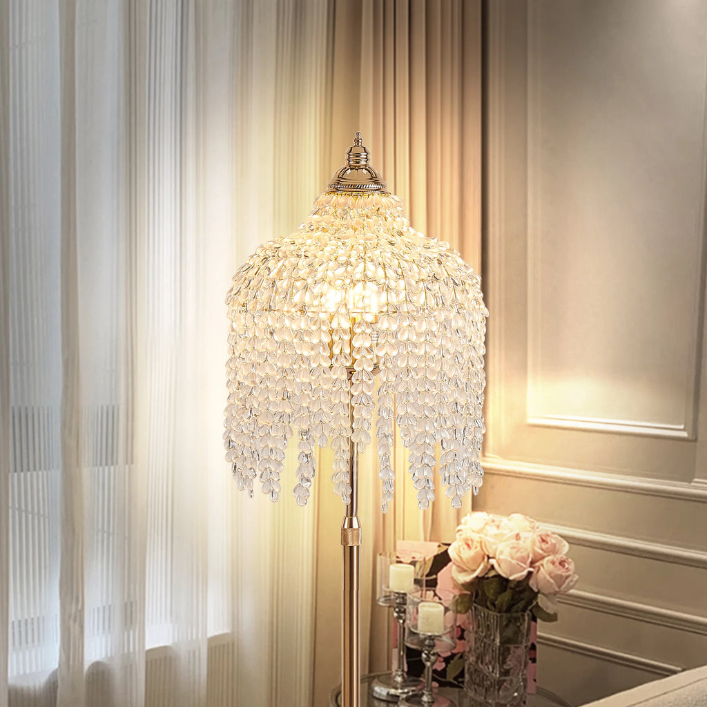 Floor Lamp: Lampshade of Crystal Bead Strings in Waterfall Design
