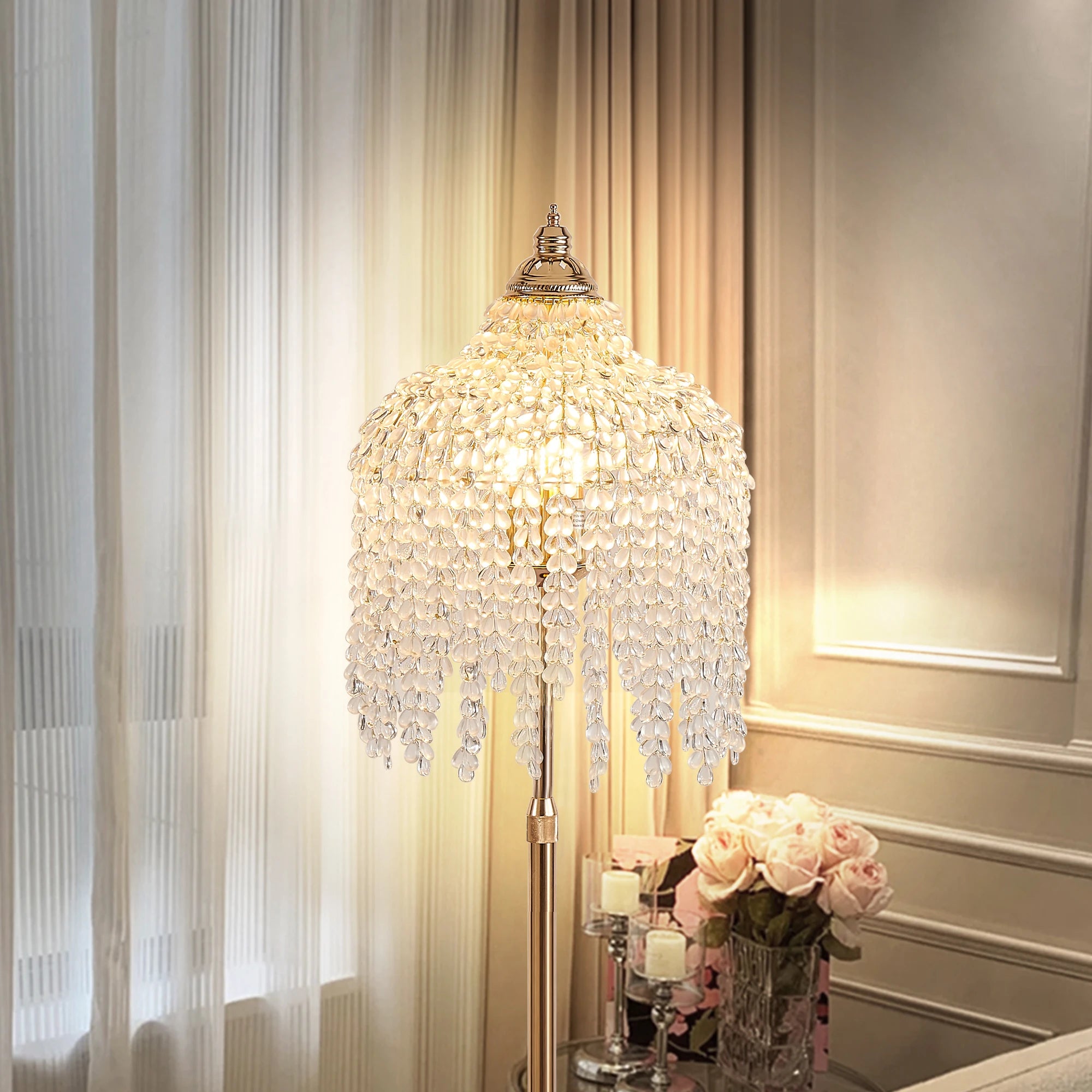 Floor Lamp: Lampshade of Crystal Bead Strings in Waterfall Design