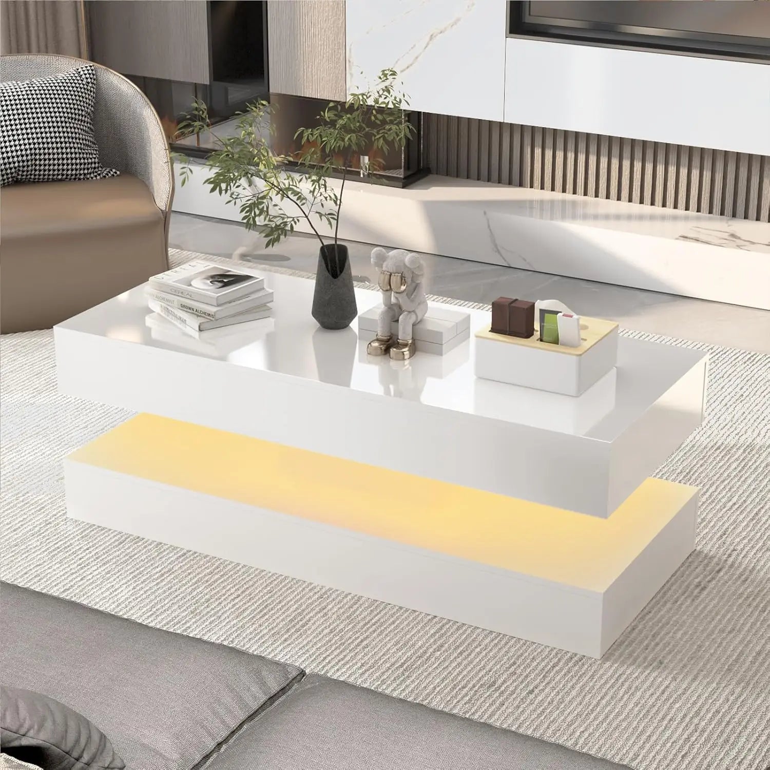 LED Coffee Table, Double-Layer Design, 2 Colors, 2 Sizes