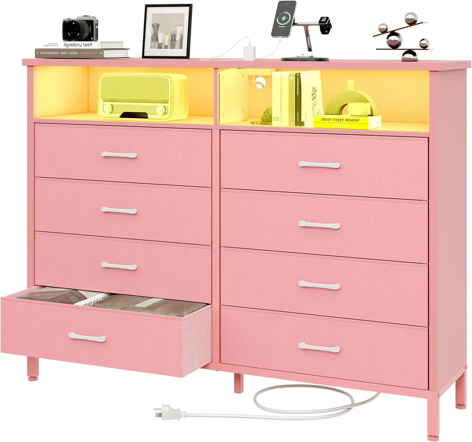 Pink Dresser, 8 Fabric Drawers, LED Lights, Charging Station,