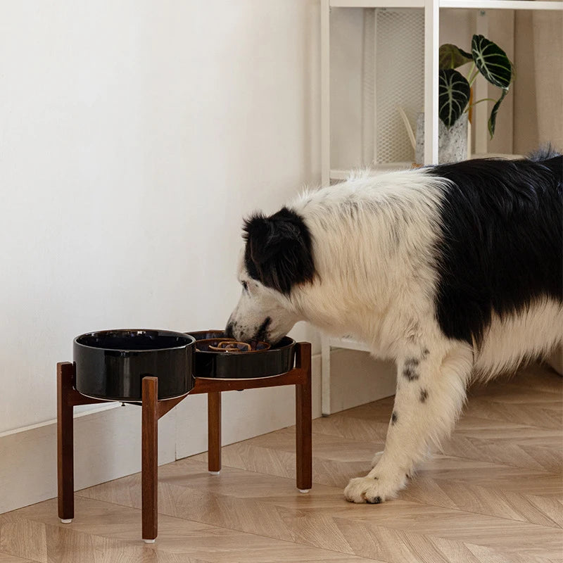 Large Ceramic Double Elevated Bowls, Wooden Stand