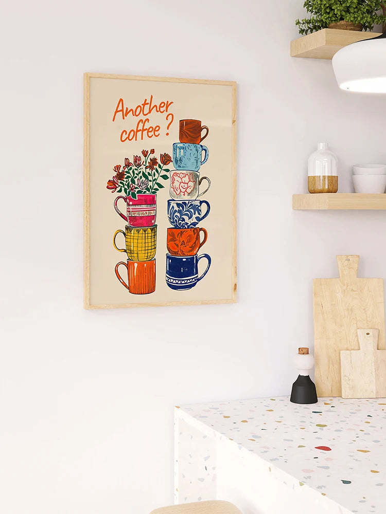 Funny Coffee Cups Floral Wall Art Prints