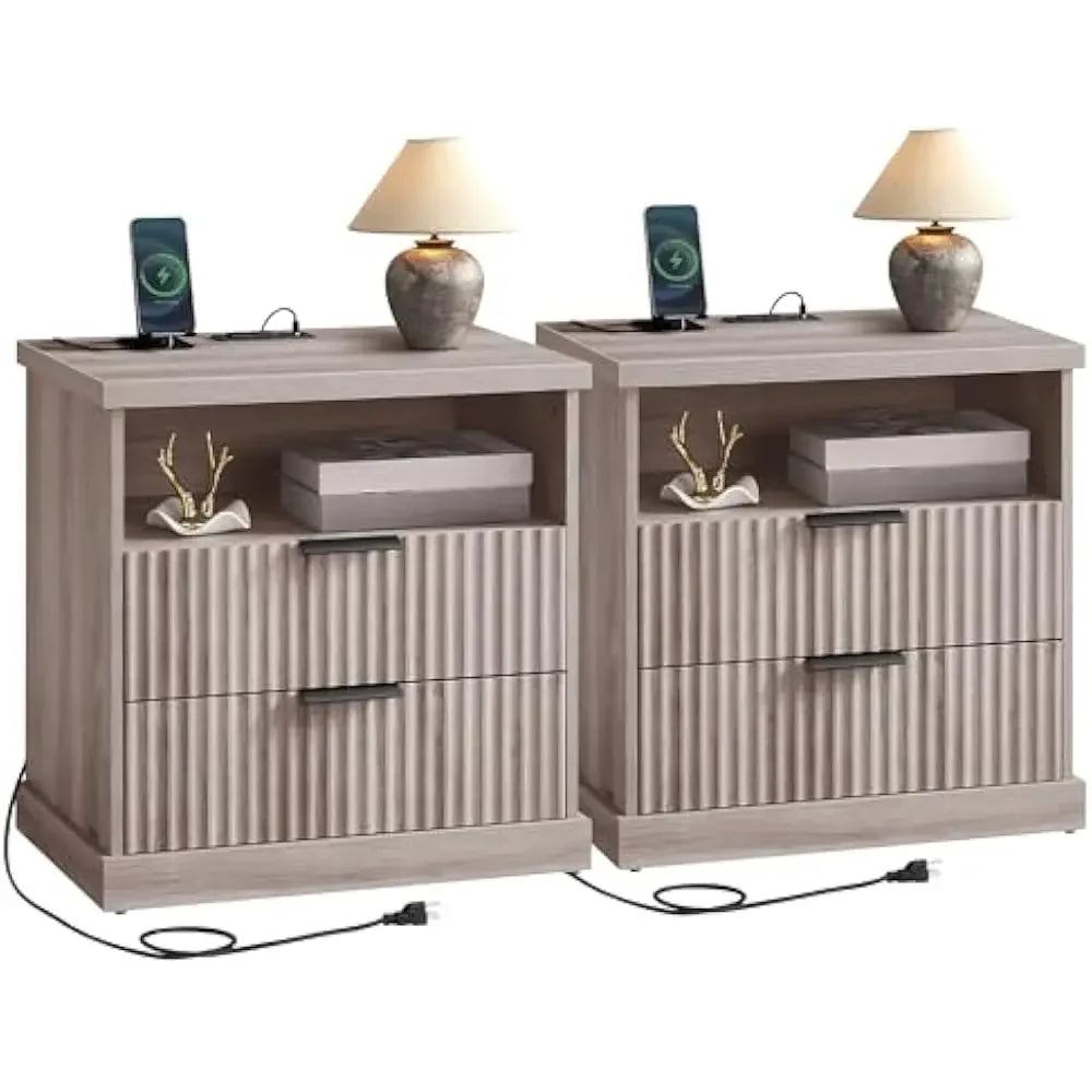 Fluted 2-Drawer Nightstand, AC Outlets, USB Ports; Set of 2