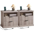 Fluted 2-Drawer Nightstand, AC Outlets, USB Ports; Set of 2