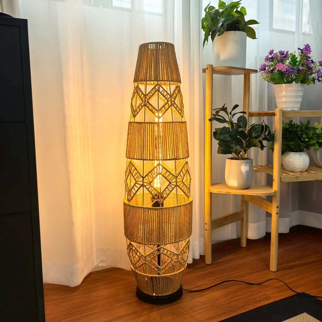 Boho Rattan Floor Lamp, Hand-Woven, LED Light-Bar