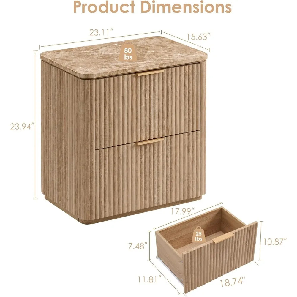 Curved Solid Wood Nightstand/End Table, Faux Marble Top