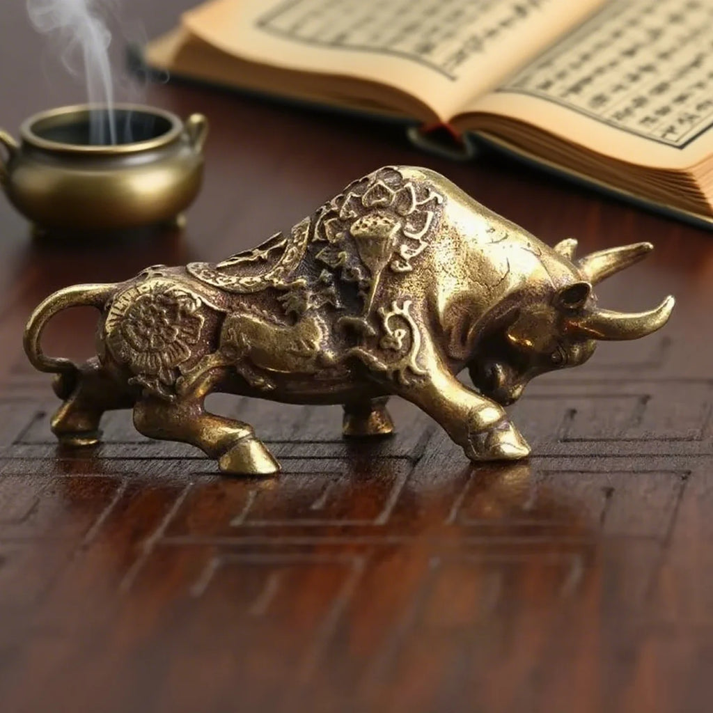 Brass Bullfighting Statue, Lucky Copper Animal Figurine