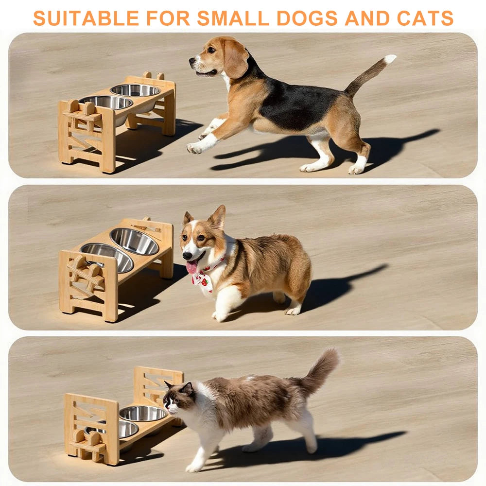 Dog 2 Bowl Raised Wood Stand; Adjustable