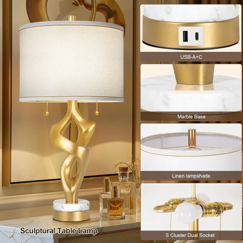 Unique 26" Gold Leaf Lamps, Linen Shade, Set of 2