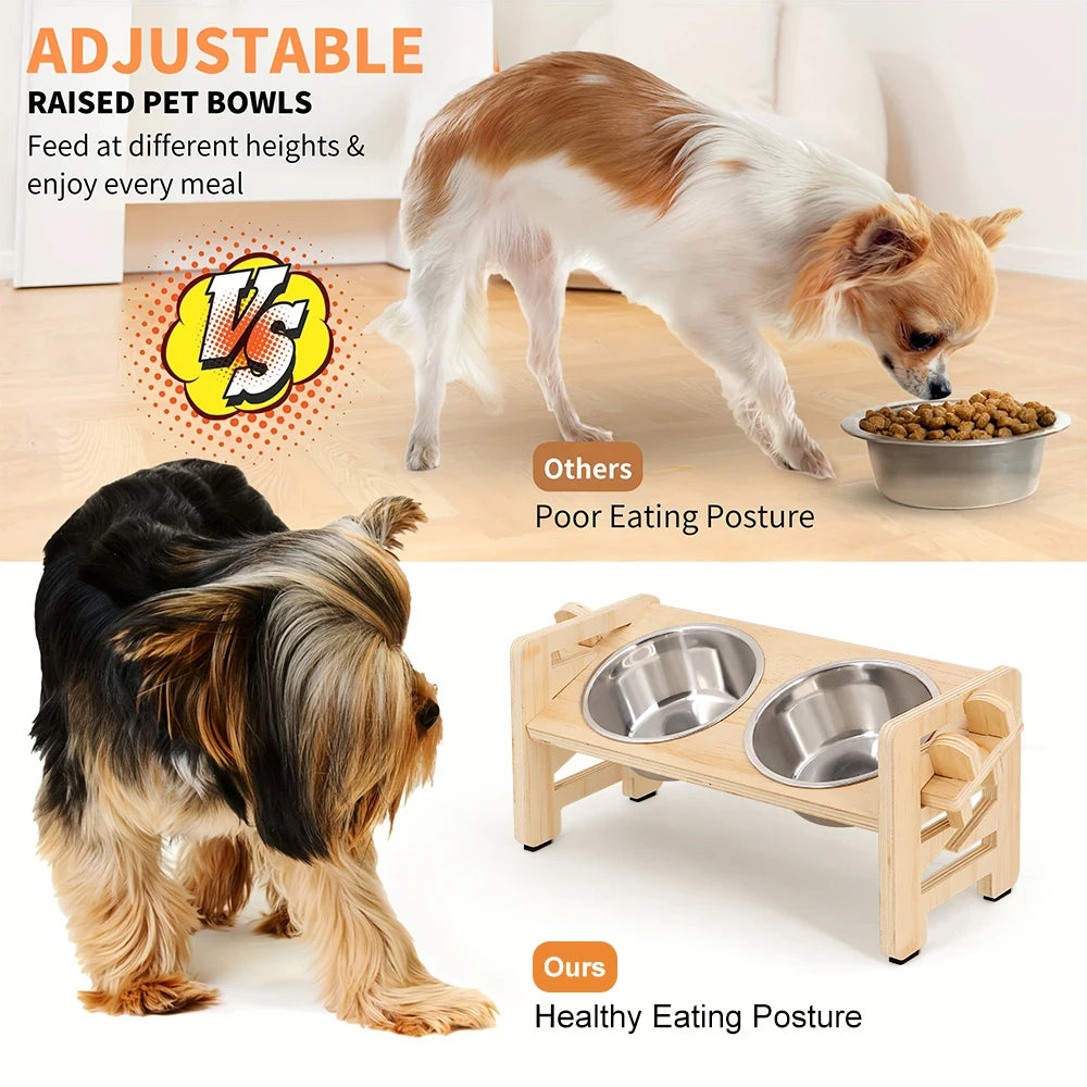 Dog 2 Bowl Raised Wood Stand; Adjustable