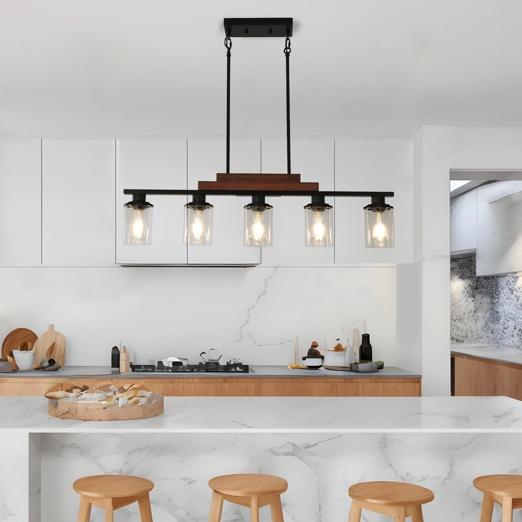 Industrial 5-Light Chandelier, Glass Shades; 4 Colors Available