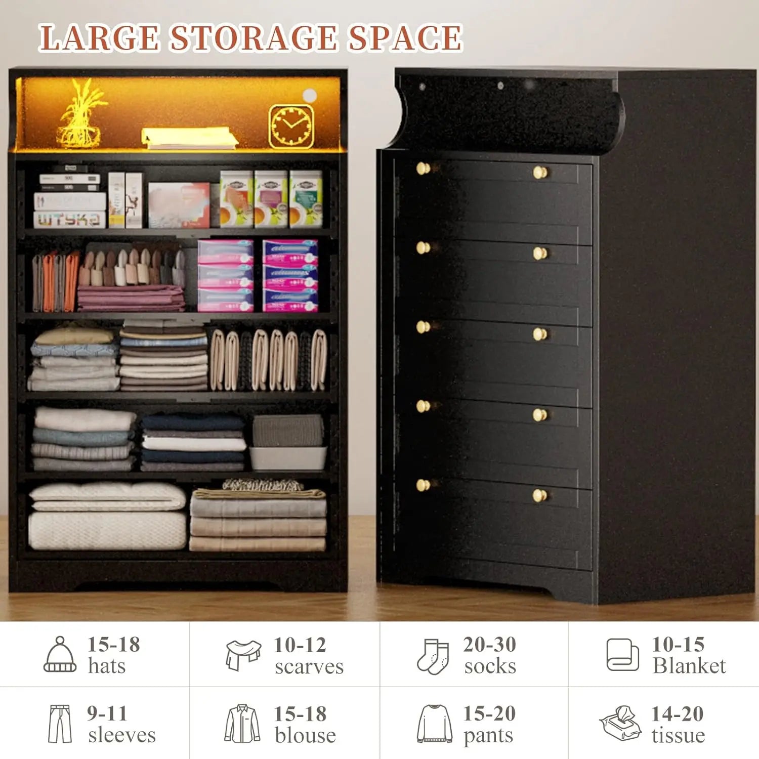 Modern Black Dresser, 5 Drawers, Gold Hardware, 2  Shelves & LED Lights