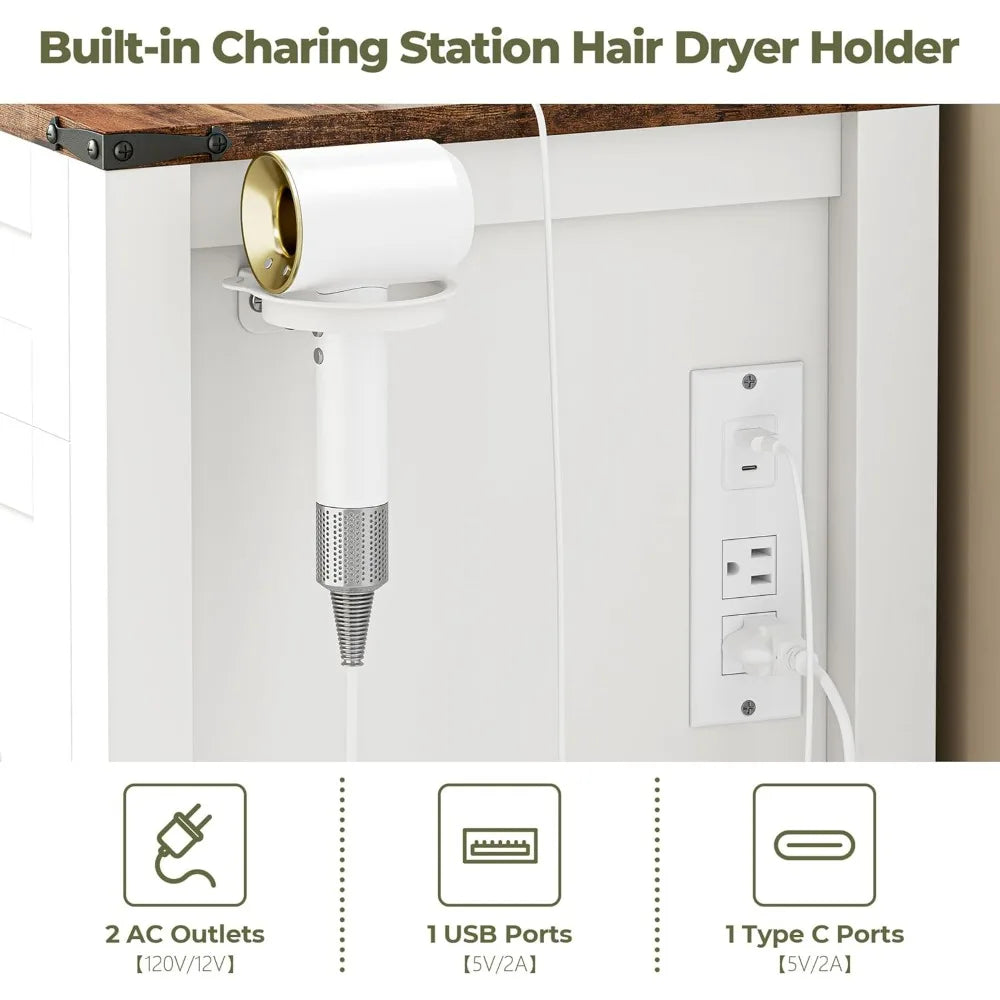 Desk/Makeup Vanity, Sliding Mirror, Glass Top, Power Outlet