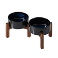 Large Ceramic Double Elevated Bowls, Wooden Stand