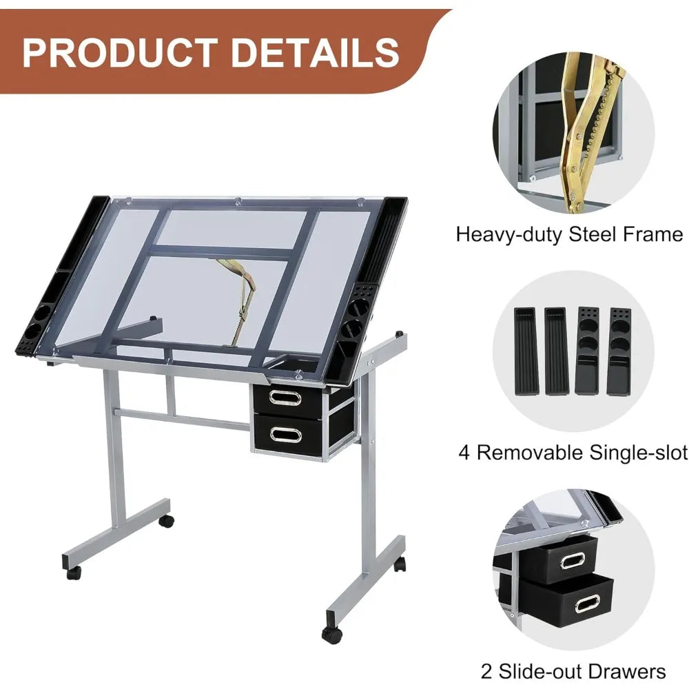 Glass Top Rolling Workstation for Arts, Crafts, Drafting