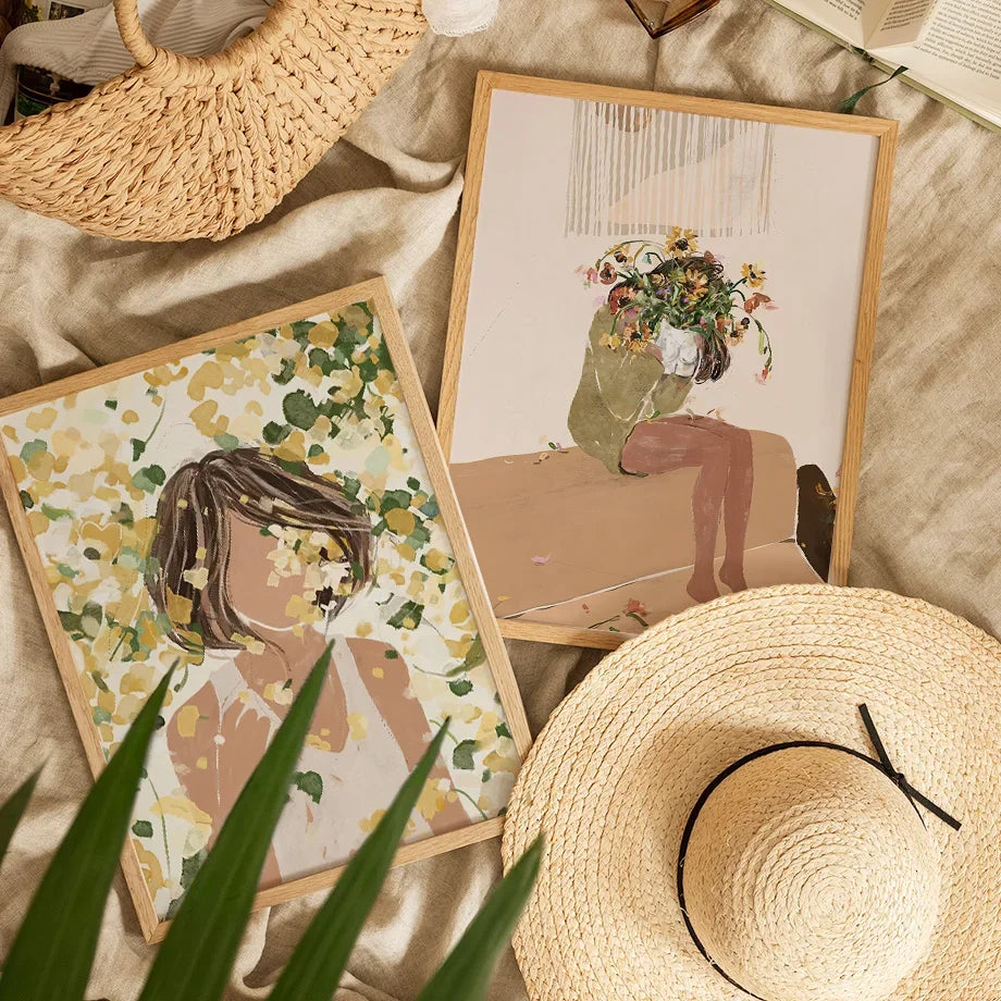 Boho Abstract Girl, Flowers, Illustrated Canvas Paintings