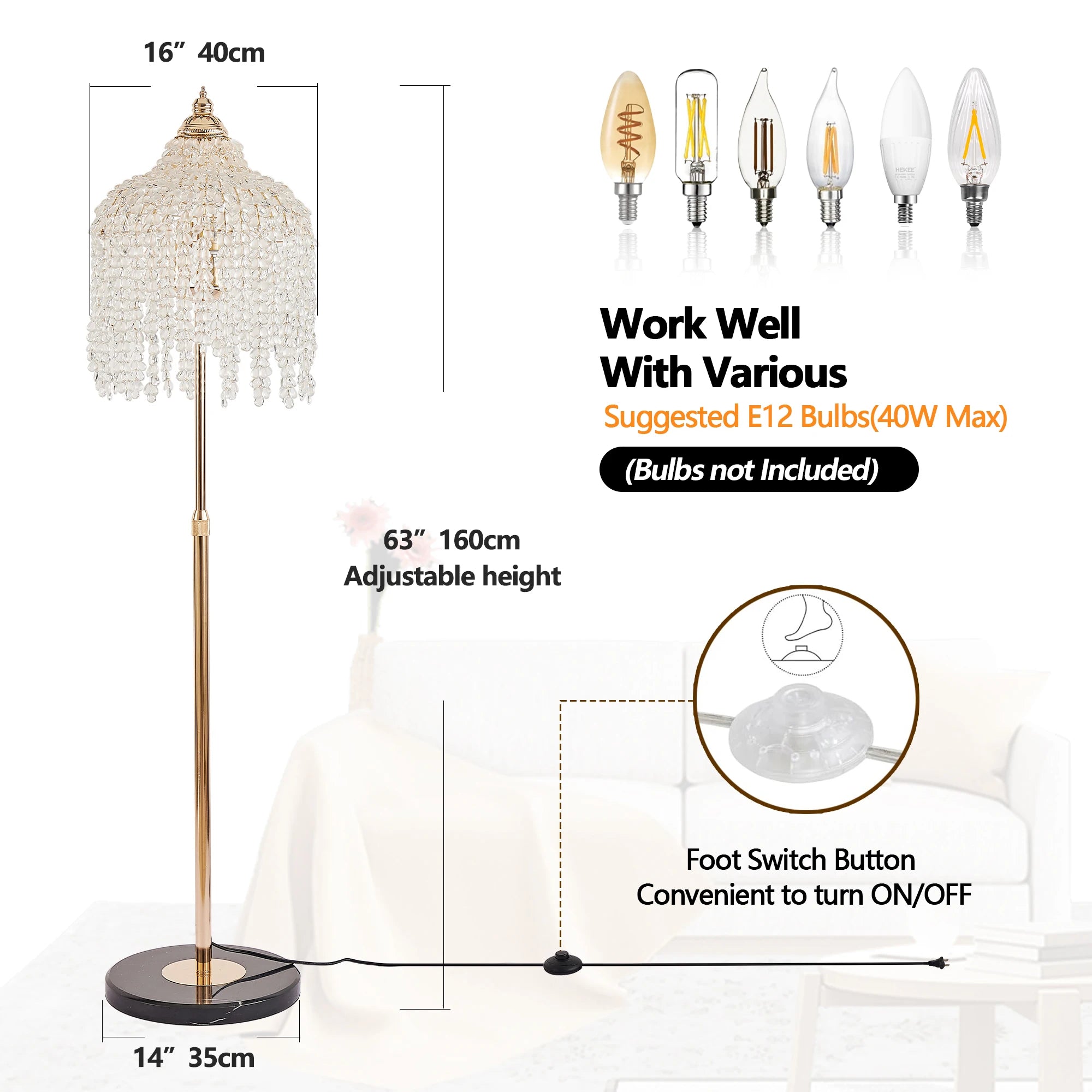 Floor Lamp: Lampshade of Crystal Bead Strings in Waterfall Design