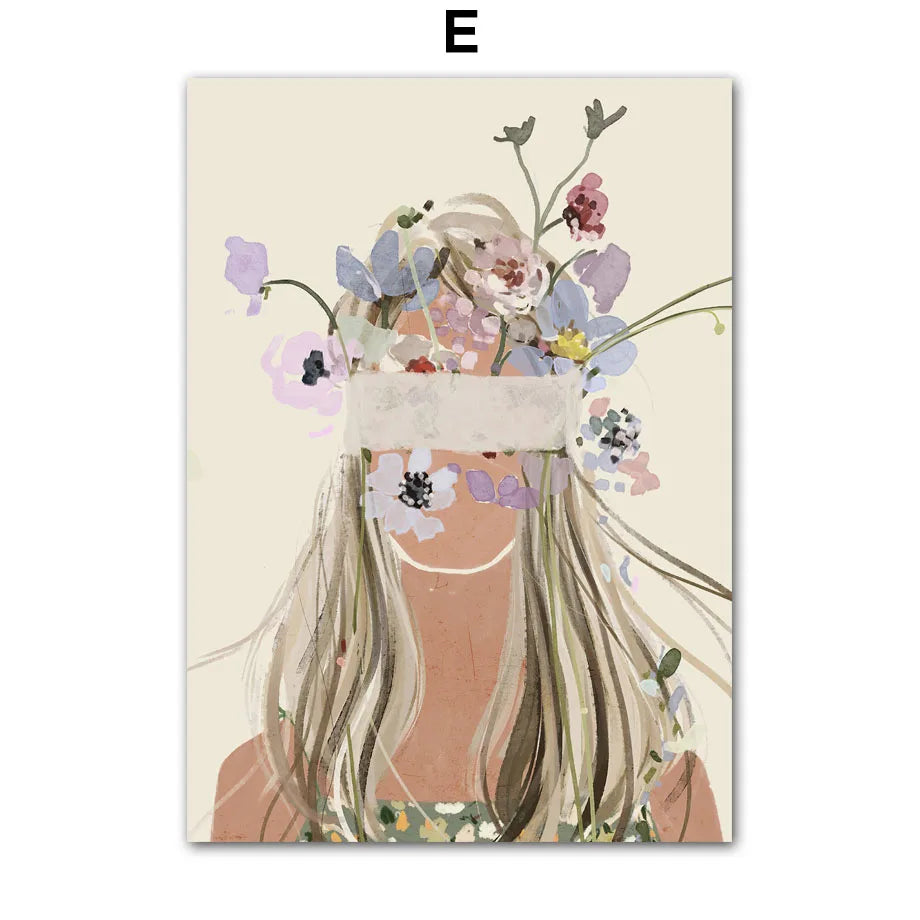 Boho Abstract Girl, Flowers, Illustrated Canvas Paintings