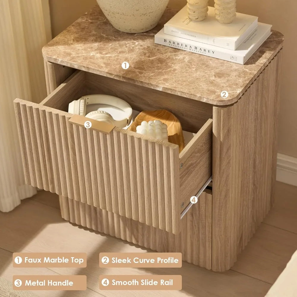 Curved Solid Wood Nightstand/End Table, Faux Marble Top