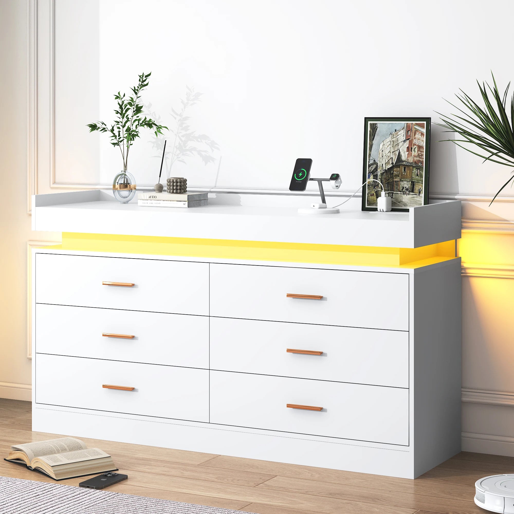 Modern Dresser with 6 Wide Drawers, Gold Hardware, LED Lights