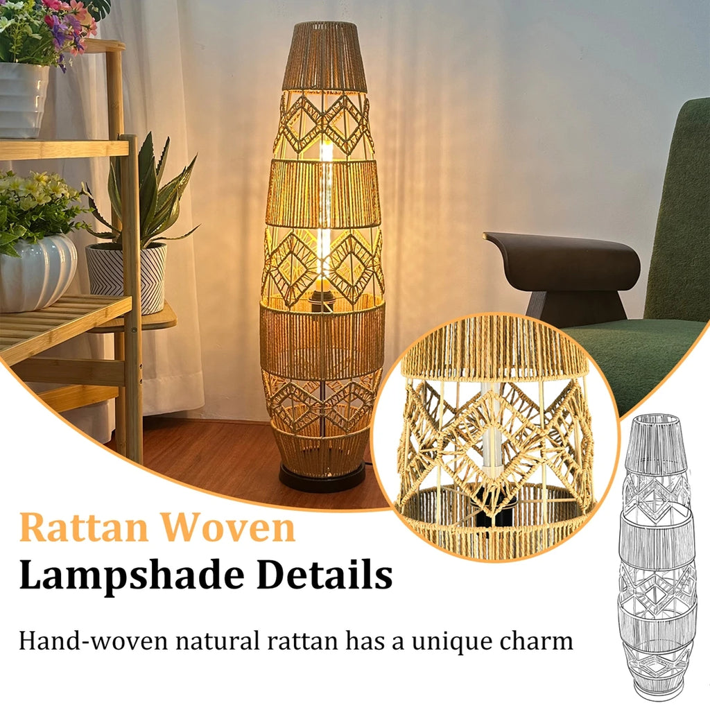 Boho Rattan Floor Lamp, Hand-Woven, LED Light-Bar