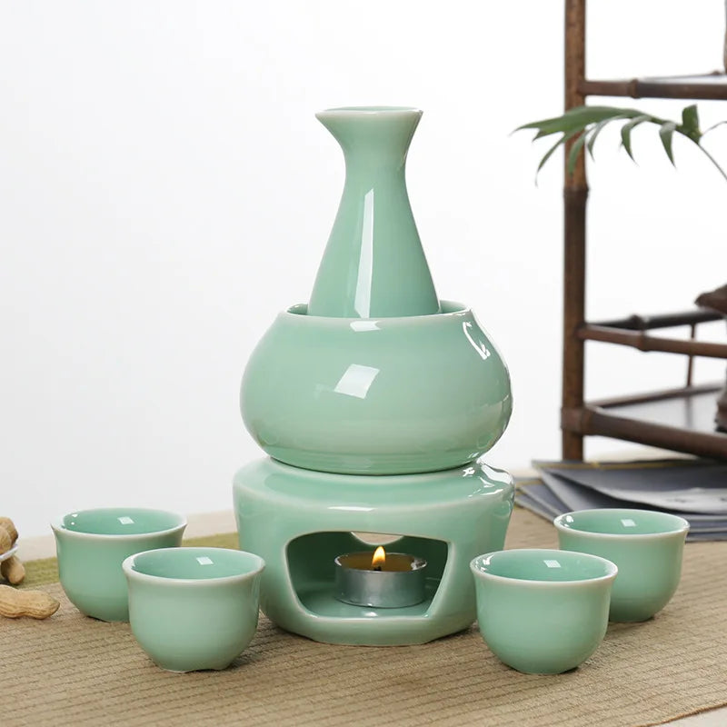 Japanese Sake Pot, Warmer, Cups, Ceramic 7pcs Set