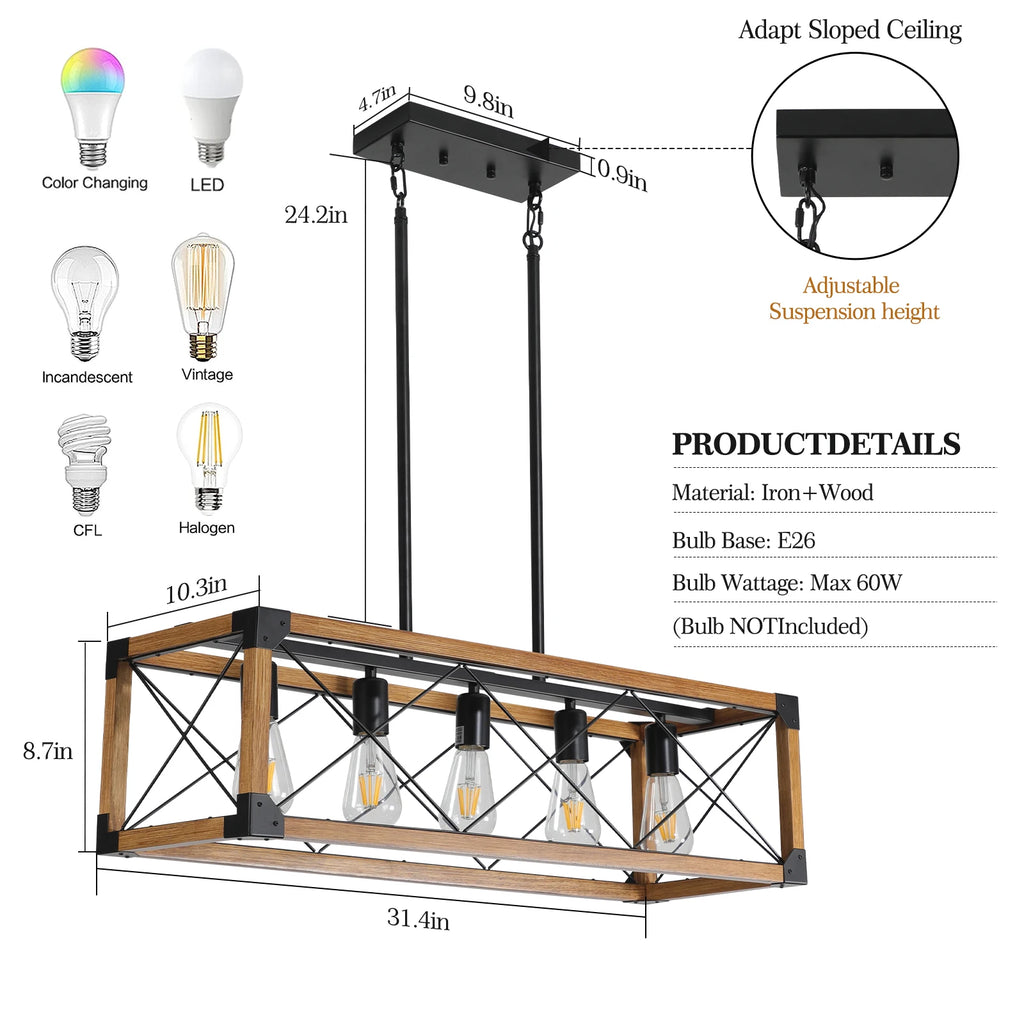 31“ Industrial Wood & Iron Frame, 5-Light Pendant