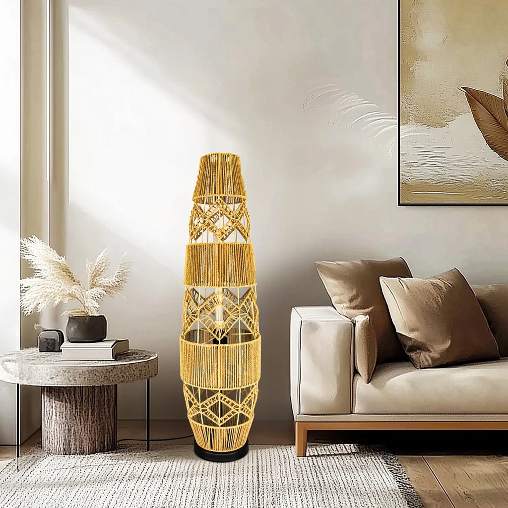 Boho Rattan Floor Lamp, Hand-Woven, LED Light-Bar