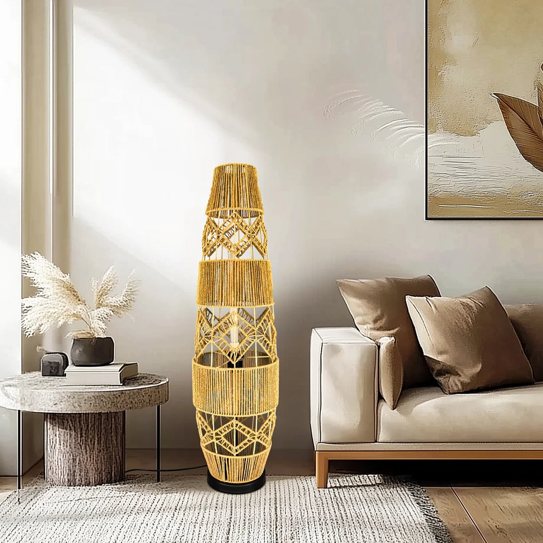 Boho Rattan Floor Lamp, Hand-Woven, LED Light-Bar