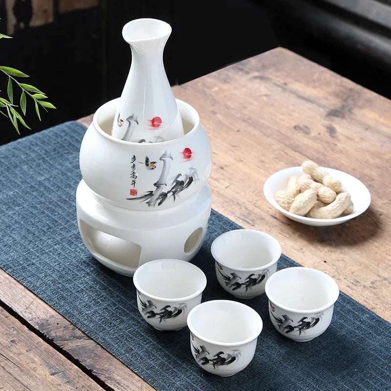 Japanese Sake Pot, Warmer, Cups, Ceramic 7pcs Set