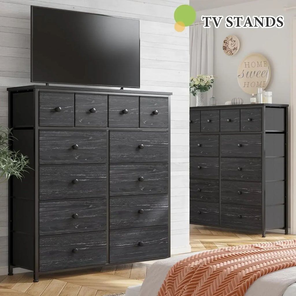 Sleek Black Dresser with 12 Drawers; Tons of Storage.