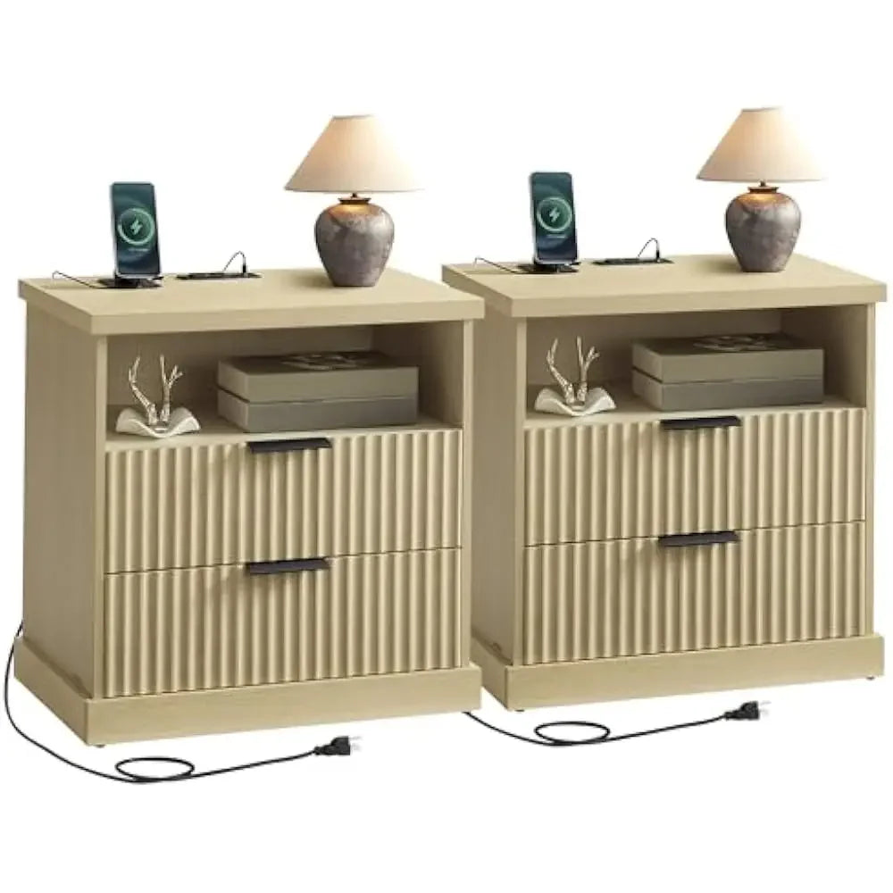 Fluted 2-Drawer Nightstand, AC Outlets, USB Ports; Set of 2