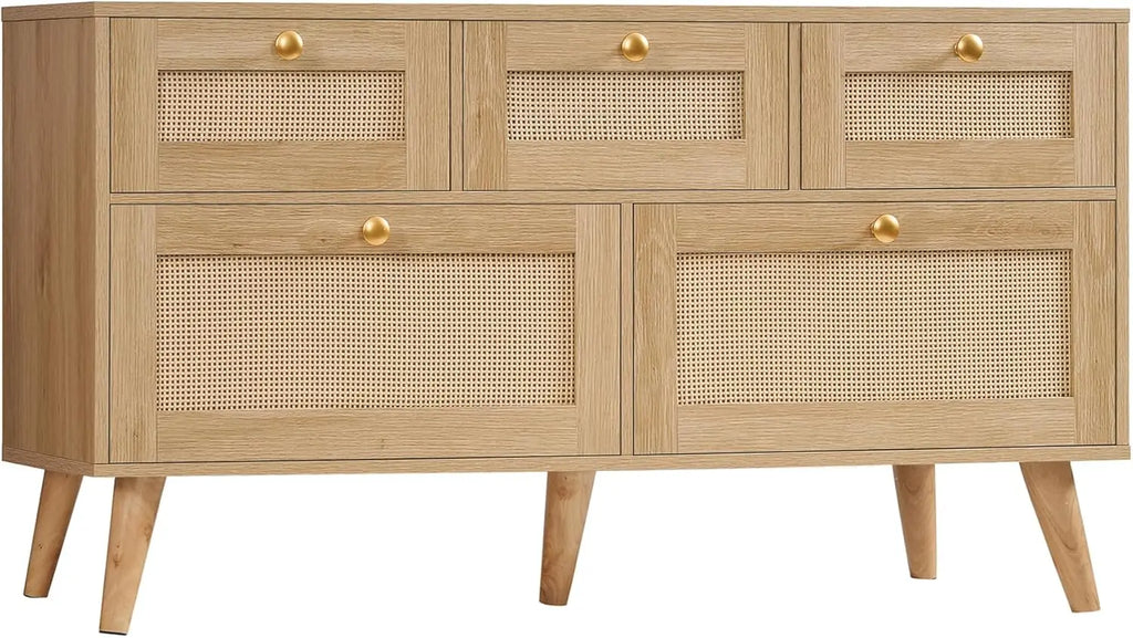Rattan 5-Drawer Dresser, Solid Wood Legs Make a Nice TV Stand