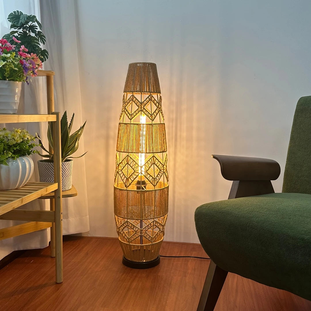Boho Rattan Floor Lamp, Hand-Woven, LED Light-Bar