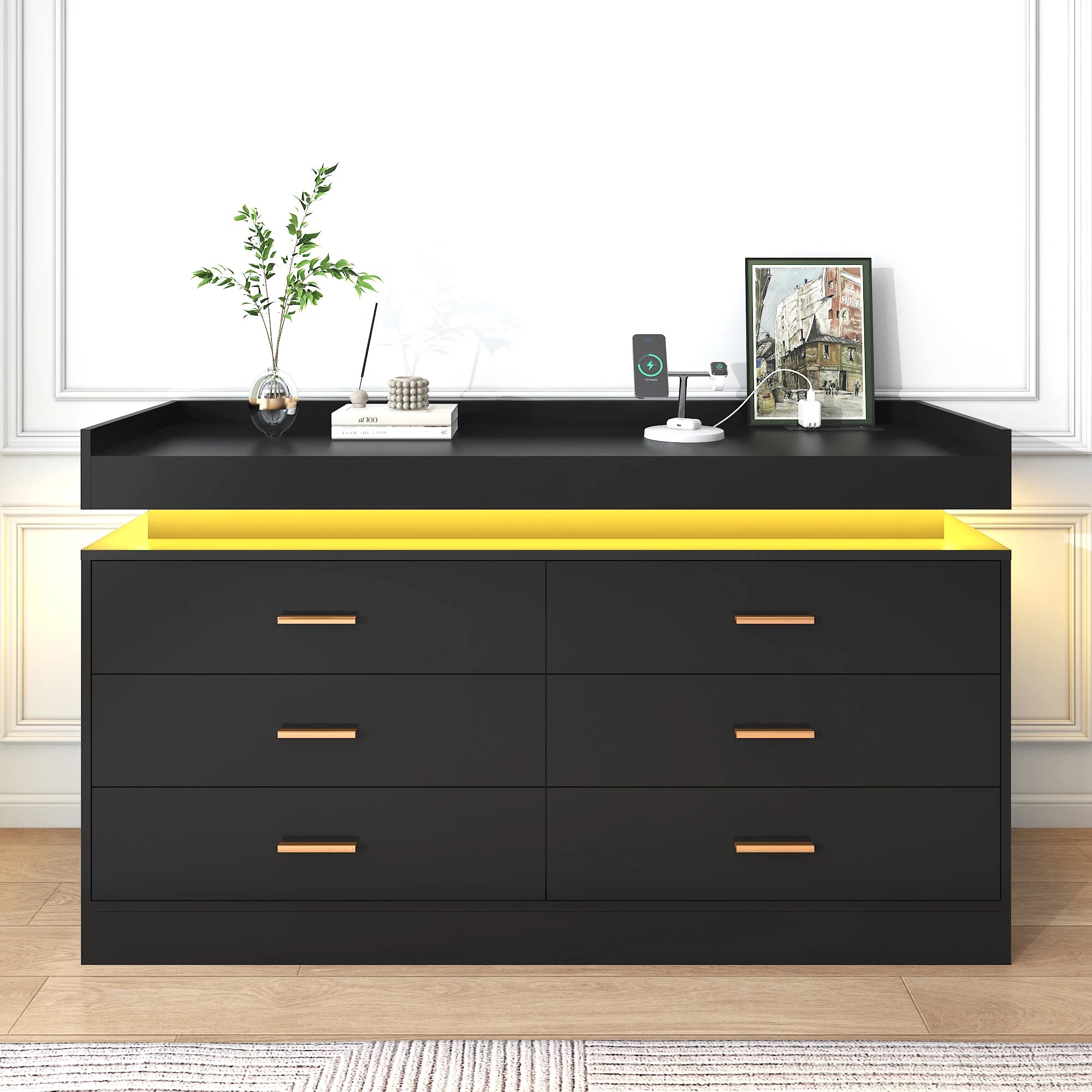 Modern Dresser with 6 Wide Drawers, Gold Hardware, LED Lights