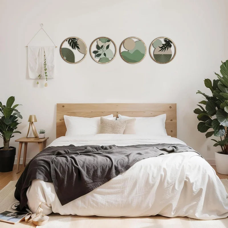 4 Bohemian Wall Art Set - Wooden Farmhouse Aesthetic