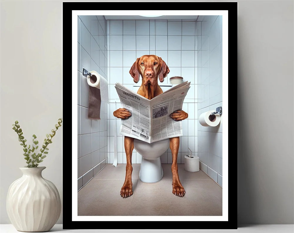 Animals Reading Newspaper on Toilet Canvas Print