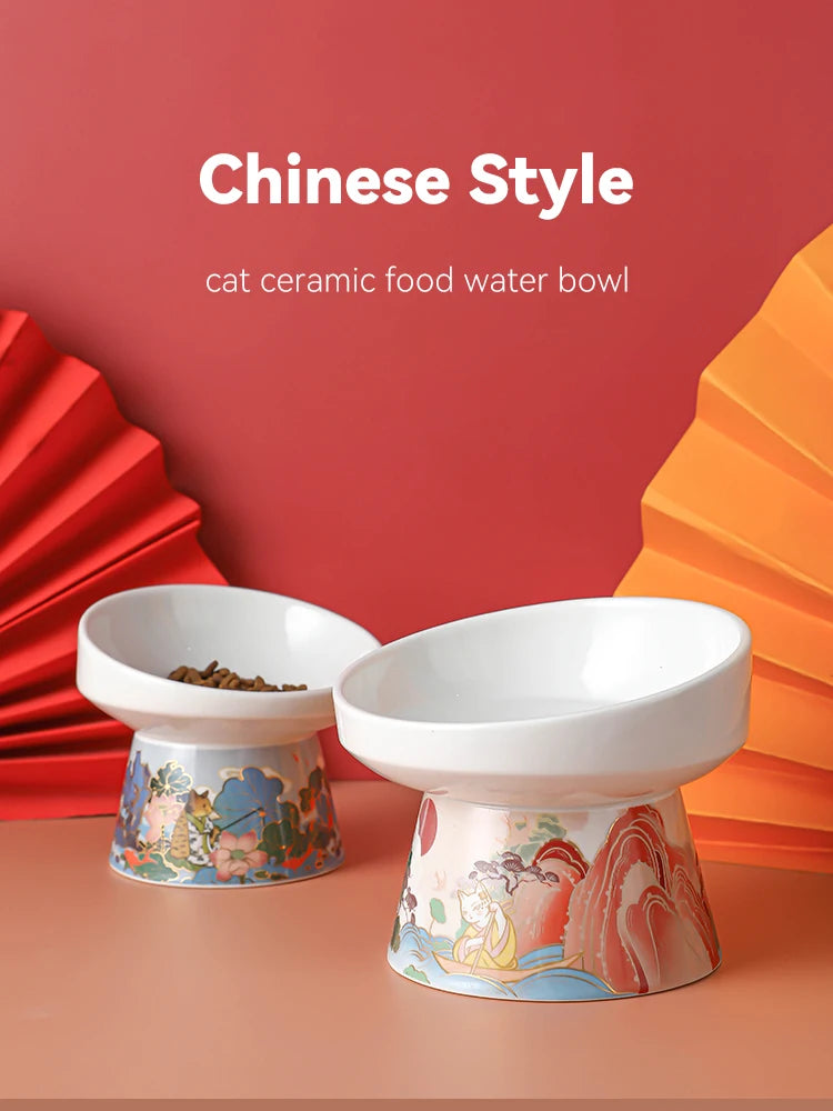 Chinese Style Elevated Ceramic Cat Water/Food Bowl
