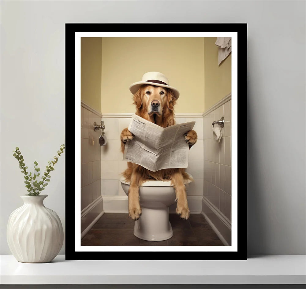 Animals Reading Newspaper on Toilet Canvas Print