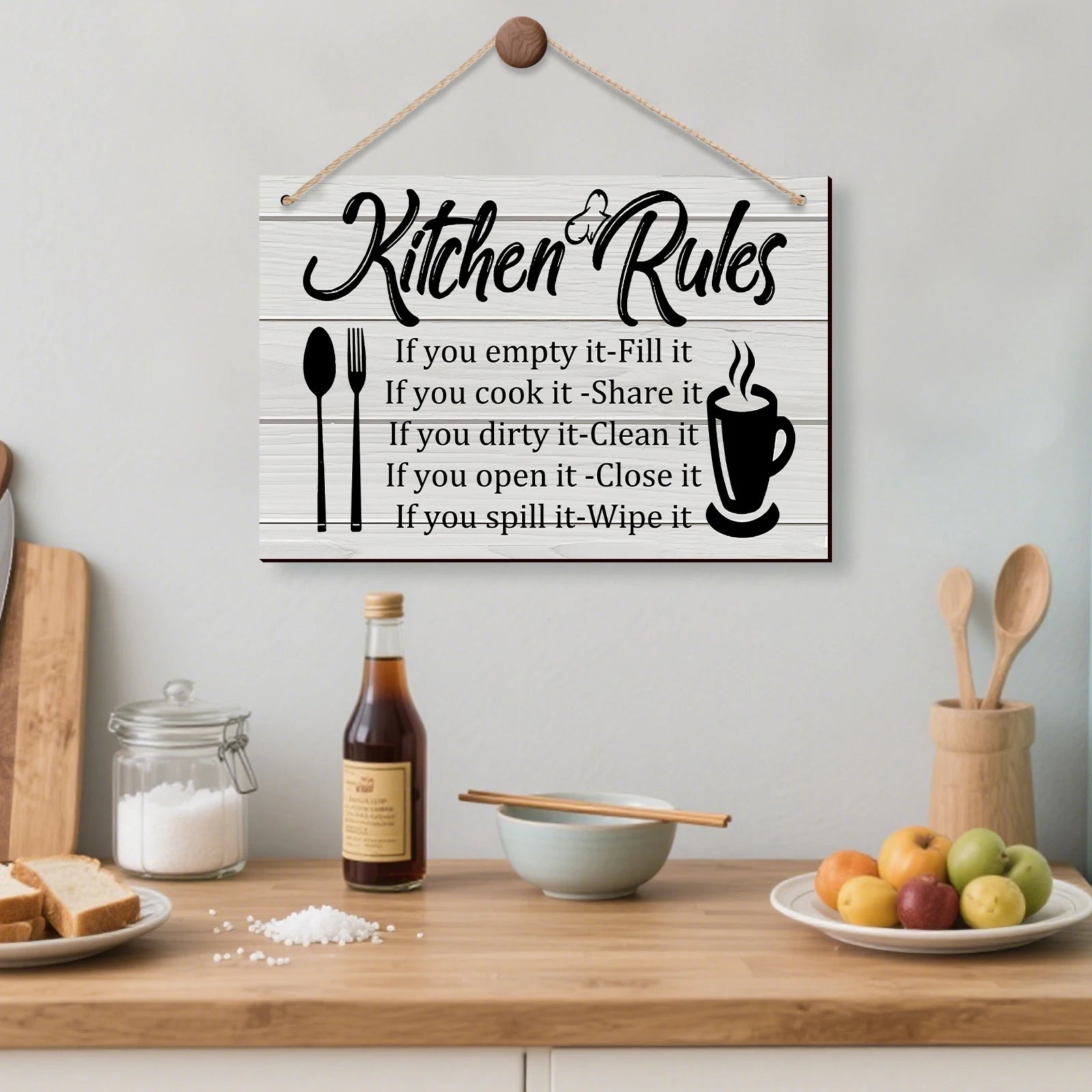 Kitchen Wooden Rules Decor Plaque with Utensils